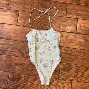 Romwe green with flowers one piece bathing suit with tie